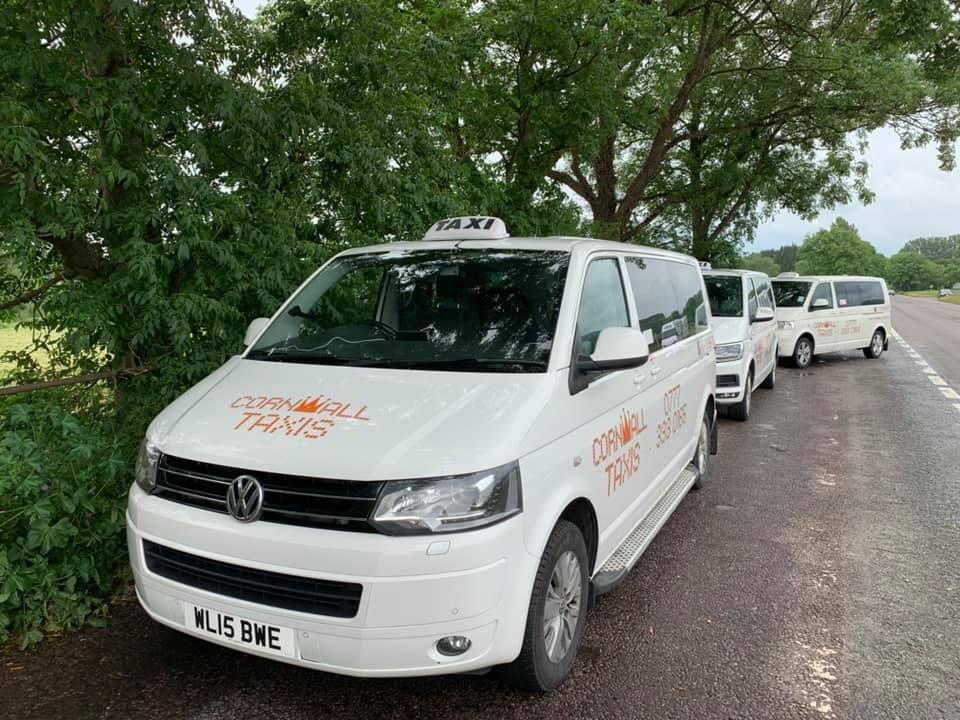 Cornwall Taxis minibuses lined up on a leafy Cornish road